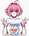  1girl 2022 ahoge bangs collar doraemon double_v fang highres idolmaster idolmaster_cinderella_girls looking_at_viewer medium_hair pink_eyes pink_hair shirt skin_fang smile snale solo upper_body v white_background yumemi_riamu 