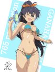  1girl absurdres antenna_hair ass_visible_through_thighs bikini black_hair blue_bikini blue_eyes blush breasts character_name dark_skin earrings fang front-tie_top ganaha_hibiki groin hair_between_eyes high_ponytail highres hoop_earrings idolmaster jewelry kirie_dou long_hair looking_at_viewer medium_breasts navel side-tie_bikini_bottom smile solo string_bikini swimsuit tan thigh_gap water_gun white_background 