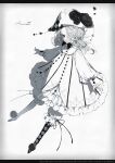  1girl 81kaia bangs black_border black_eyes border closed_mouth colored_skin curly_hair dress full_body grey_hair hair_over_one_eye hat highres jester_cap long_bangs long_hair long_sleeves one_eye_covered original pierrot smile solo white_background white_dress white_skin white_theme 