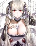  1girl azur_lane bangs breasts cleavage closed_mouth delsaber dress formidable_(azur_lane) frilled_dress frills hair_between_eyes hair_ornament hand_on_own_chest highres huge_breasts jewelry long_sleeves looking_at_viewer necklace red_eyes solo twintails upper_body white_dress white_hair 