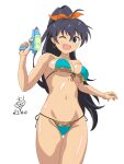  1girl absurdres antenna_hair ass_visible_through_thighs bikini black_hair blue_bikini blue_eyes blush breasts dark_skin earrings fang front-tie_top ganaha_hibiki groin hair_between_eyes high_ponytail highres hoop_earrings idolmaster jewelry kirie_dou long_hair looking_at_viewer medium_breasts navel side-tie_bikini_bottom smile solo string_bikini swimsuit tan thigh_gap water_gun 