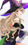  1girl absurdres back bangs bare_shoulders black_dress black_headwear black_sleeves blush breasts commentary_request corrin_(fire_emblem) corrin_(fire_emblem)_(female) detached_sleeves dress earrings fire_emblem fire_emblem_fates fire_emblem_heroes from_behind grey_hair hair_between_eyes halloween halloween_costume hat highres jewelry long_hair looking_at_viewer medium_breasts official_alternate_costume open_mouth pointy_ears red_eyes simple_background smile solo sou_mei teeth upper_teeth white_background witch_hat 