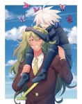  2boys :d ahoge bangs brown_jacket brown_suit bug butterfly buttons carrying cheer_(cheerkitty14) cloud danganronpa_(series) danganronpa_v3:_killing_harmony day formal gokuhara_gonta green_hair grey_hair grin hair_between_eyes happy highres insect_cage jacket keebo long_hair long_sleeves male_focus medium_hair messy_hair multiple_boys no_eyewear open_mouth outdoors piggyback power_armor red_eyes shiny shiny_hair smile suit teeth upper_body 