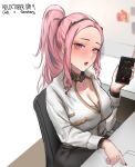  1girl absurdres bangs breasts cellphone cleavage collared_shirt desk highres hololive hololive_english long_hair looking_at_viewer mori_calliope open_mouth paper phone photo_(object) pink_hair secretary shirt skirt smartphone solo takanashi_kiara tanukidraws virtual_youtuber 