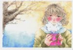  1girl bare_tree blush box breasts brown_eyes brown_hair dated gift gift_box hair_between_eyes highres holding holding_gift long_sleeves looking_at_viewer medium_hair original outdoors painting_(medium) scarf shin1ar24 small_breasts solo traditional_media tree upper_body watercolor_(medium) winter 