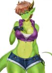  anthro bottomwear breasts cleavage clothed clothing dragon female hi_res hotpants jacket jjbirdz_(artist) kemono looking_at_viewer midori_(kmn) midriff navel scales shorts solo topwear waist 