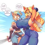  1:1 activision anthro big_breasts blonde_hair blush bottomwear breasts cleavage clothed clothing crash_bandicoot_(series) denim denim_clothing duo female female/female fur hair jeans long_hair looking_at_another n647 pants pirate_tawna short_hair tawna_bandicoot text thick_thighs tight_clothing video_games 