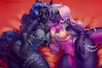  3:2 admiralobster anthro artist_name bedding bedding_background black_body blep blue_body blue_eyes blue_hair bra butt clothed clothing duo female forked_tongue glistening glistening_eyes grey_bra grey_clothing grey_underwear hair looking_at_viewer lying narrowed_eyes navel on_side orange_bra orange_clothing orange_panties orange_underwear panties pink_body pink_hair purple_body purple_hair red_bedding scalie striped_arms striped_body striped_legs stripes tongue tongue_out underwear 