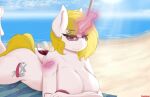  absurd_res alcohol anthro beach beverage big_breasts breasts butt cloud container cup drawalaverr drinking_glass equid equine eyewear fan_character female glass glass_container glass_cup glasses hi_res horn light looking_at_viewer lying mammal mature_female nude seaside seductive sky solo sunbathing sunglasses sunlight towel unicorn wave wine wine_glass 