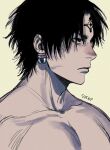  1boy 535zip black_hair chrollo_lucilfer closed_mouth earrings facial_mark facial_tattoo hunter_x_hunter jewelry looking_away male_focus muscular muscular_male simple_background solo tattoo topless_male twitter_username 