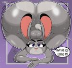  absurd_res anthro bent_over big_butt black_pupils bodily_fluids butt disney english_text exclamation_point female frown grey_body half-closed_eyes hi_res huge_butt huge_thighs judy_hopps kneeling lagomorph leporid looking_at_viewer mammal mrxrickyx narrowed_eyes nude onomatopoeia pupils purple_eyes question_mark rabbit solo sound_effects speech_bubble sweat sweaty_butt text thick_thighs unimpressed zootopia 