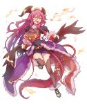  1girl breasts cape cleavage crown dragalia_lost dragon dragon_girl dragon_horns dragon_tail dragon_wings ekra fang fur-trimmed_cape fur-trimmed_gloves fur_trim gloves highres horns long_hair medium_breasts mym_(dragalia_lost) open_mouth puffy_sleeves red_hair see-through smile solo tail thighhighs thighs very_long_hair waist_cape white_background wings yellow_eyes 