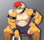  anthro armband bodily_fluids bottomwear bowser clothing collar dripping erection genital_fluids genitals hair hi_res horn koopa male mario_bros muscular muscular_male muto2000_(artist) nintendo nipples pecs penis penis_through_leghole poking_out precum precum_drip red_hair scalie shorts solo spiked_armband spiked_collar spikes video_games 