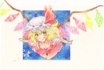  blonde_hair blue_background breasts cleavage collarbone crystal dated feet_out_of_frame flandre_scarlet flying frilled_skirt frilled_sleeves frills hat hat_ribbon highres looking_at_viewer medium_hair mob_cap multicolored_wings orange_eyes puffy_short_sleeves puffy_sleeves red_ribbon red_skirt ribbon shin1ar24 short_sleeves simple_background skirt small_breasts touhou traditional_media watercolor_pencil_(medium) white_headwear wings 