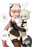  2girls :o ? absurdres aged_down animal_ear_fluff animal_ears arknights bangs bare_shoulders bitey_(arknights) black_jacket blush brown_eyes brown_hair brown_thighhighs commentary gravel_(arknights) green_eyes green_hair grey_jacket hair_between_eyes headgear highres jacket kal&#039;tsit_(arknights) kinbakuman leotard long_hair long_sleeves multiple_girls off-shoulder_jacket off_shoulder open_clothes open_jacket parted_lips simple_background smile sweat symbol-only_commentary thighhighs very_long_hair white_background white_leotard 
