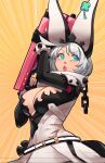  1girl absurdres ahoge animal_ears belt blue_eyes blush bracelet breasts chain cleavage clover collar dress elphelt_valentine fake_animal_ears four-leaf_clover grey_hair guilty_gear guilty_gear_xrd gun hair_between_eyes hairband highres holding holding_gun holding_weapon huge_ahoge jewelry large_breasts open_mouth orange_background rabbit_ears short_hair shotgun simple_background skullworms smile solo spiked_bracelet spiked_collar spiked_hairband spikes v-shaped_eyebrows weapon wedding_dress 