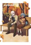  1boy 1girl absurdres animal_ears animal_nose autumn autumn_leaves bench black_choker black_gloves black_shirt blonde_hair blue_hair body_fur brand_new_animal brown_fur brown_pants brown_skirt brown_sweater choker coat cup day drinking eating food furry furry_female gloves highres holding holding_cup holding_food kagemori_michiru leaf long_sleeves ogami_shirou on_bench open_clothes open_coat outdoors pants park_bench raccoon_ears raccoon_girl raccoon_tail shirt short_hair sitting sitting_on_bench skirt sweater sweet_potato tail tanuki totemonemuuui tree yakiimo 