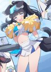  1boy 1girl absurdres animal_ears bare_shoulders black_hair blue_archive blue_eyes blush breasts cheerleader computer crop_top dog_ears dog_girl dog_tail eyewear_on_head goggles goggles_on_head halo hibiki_(blue_archive) hibiki_(cheerleader)_(blue_archive) highres holding holding_pom_poms kittenlochen laptop long_hair looking_at_viewer midriff multiple_views navel pom_pom_(cheerleading) sensei_(blue_archive) skirt star_sticker sticker_on_face surprised tail tail_wagging 