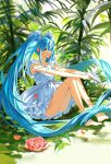  aimitkkays aqua_hair bangs bare_arms bare_legs bare_shoulders barefoot blue_eyes blue_hair blurry dappled_sunlight day depth_of_field dress floating_hair flower frills hair_ornament hair_scrunchie hatsune_miku highres holding knees_up long_hair looking_afar nature outstretched_arms own_hands_together palm_tree paper_airplane pink_flower scrunchie short_dress sitting sleeveless sleeveless_dress solo sundress sunlight tree twintails v_arms very_long_hair vocaloid white_dress 