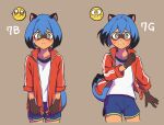  1girl animal_ears animal_nose bike_shorts blue_eyes blue_hair body_fur brand_new_animal brown_fur closed_mouth dolphin_shorts emoji frown furry furry_female grey_background highres jacket kagemori_michiru multicolored_eyes pink_eyes raccoon_ears raccoon_girl raccoon_tail red_jacket short_hair shorts simple_background solo tail tanuki totemonemuuui track_jacket 