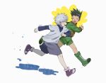  2boys 535zip ahoge black_hair gon_freecss green_footwear green_jacket green_shorts highres hunter_x_hunter jacket killua_zoldyck looking_at_another male_focus multiple_boys open_mouth puddle running shirt shorts smile spiked_hair turtleneck twitter_username white_background white_hair white_shirt 