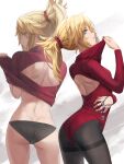  1girl ass back back_cutout bangs black_leotard blonde_hair braid breasts butt_crack clothing_cutout fate/apocrypha fate_(series) french_braid green_eyes heattech_leotard highres jewelry jewelry_removed leotard long_hair long_sleeves looking_at_viewer looking_back mordred_(fate) mordred_(fate/apocrypha) multiple_views necklace necklace_removed pantyhose parted_bangs parted_lips pendant ponytail sidelocks small_breasts thighband_pantyhose tonee 