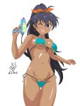  1girl absurdres antenna_hair ass_visible_through_thighs bikini black_hair blue_bikini blue_eyes blush breasts character_name dark_skin earrings fang front-tie_top ganaha_hibiki groin hair_between_eyes high_ponytail highres hoop_earrings idolmaster jewelry kirie_dou long_hair looking_at_viewer medium_breasts navel side-tie_bikini_bottom smile solo string_bikini swimsuit tan thigh_gap water_gun white_background 