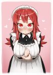  1girl :&lt; bangs blush border breasts buttons character_request commentary_request copyright_request cowboy_shot heart heart-shaped_pupils highres ichika_(ichika_manga) large_breasts leaning_forward long_hair looking_at_viewer maid_headdress pink_background red_eyes red_hair sidelocks solo symbol-shaped_pupils tsurime white_border wing_collar 