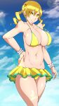  1girl bikini blonde_hair breasts byakkun_(byakkun8181) cleavage day drill_hair frilled_bikini frills hair_ornament hairpin highres huge_breasts looking_at_viewer mahou_shoujo_madoka_magica navel outdoors sky smile solo swimsuit tomoe_mami twin_drills yellow_eyes 