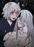  1boy 1girl 535zip animal_ears black_shirt buttons cat_ears cat_girl claws dark_background fang highres holding hunter_x_hunter kite_(hunter_x_hunter) long_hair long_sleeves neferpitou red_eyes scar scar_on_face shaded_face shirt teeth topless topless_male wavy_hair white_hair 