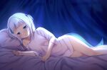  1girl bed_sheet blue_eyes blue_hair breasts fish_tail gawr_gura hair_tie hololive hololive_english indoors kokkoasa legs light_smile looking_at_viewer lying medium_hair multicolored_hair nail_polish naked_shirt no_pants off_shoulder on_side pillow shark_tail shirt short_hair short_twintails single_bare_shoulder small_breasts solo stitches t-shirt tail thighs tsurime twintails two-tone_hair virtual_youtuber white_hair 
