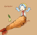 1girl blush chikorita food hat jacket kris_(pokemon) non-web_source pokemon pokemon_(creature) pokemon_(game) pokemon_gsc seafood shirt shrimp shrimp_tempura smile solo tempura twintails 