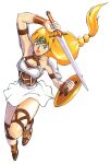  1990s_(style) 1girl aqua_eyes armlet armor bandai_namco blonde_hair blue_eyes boots breastplate breasts brown_footwear concept_art dress full_body gloves hair_ornament headdress highres holding holding_shield holding_sword holding_weapon jewelry long_hair low-tied_long_hair namco official_art pale_skin retro_artstyle shield short_dress short_hair shoulder_armor simple_background skindentation skirt solo sophitia_alexandra soulcalibur sword weapon white_background 