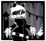  absurd_res anthro black_clothing black_lips cigarette clothed clothing ear_piercing female giant_panda hair hi_res lips mammal nelljoestar piercing short_hair smoking solo teeth unimpressed ursid white_body white_hair 