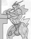  4:5 anthro balls balls_outline biceps big_balls big_penis borisalien clothing cobalion frown generation_5_pokemon genital_outline genitals half-erect hi_res horn huge_balls huge_penis legendary_pokemon looking_at_viewer male monochrome muscular muscular_anthro muscular_male nintendo pecs penis pokemon pokemon_(species) solo speedo swimwear thick_thighs vein veiny_penis video_games 