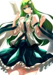  1girl bangs bare_shoulders blue_eyes blue_skirt breasts closed_mouth collared_shirt detached_sleeves fingernails frills frog_hair_ornament gohei green_hair hair_between_eyes hair_ornament hair_tubes hands_up highres jan_(lightdragoon) kochiya_sanae long_fingernails long_hair long_sleeves looking_to_the_side medium_breasts shirt simple_background skirt smile snake_hair_ornament solo standing touhou white_background white_shirt wide_sleeves 