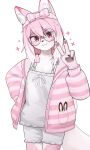  2022 4_fingers anthro blush breasts canid canine claws clothed clothing countershading digital_media_(artwork) eyewear female female_anthro finger_claws fingers fox fur gesture glasses hair hi_res kemono korfiorano looking_at_viewer mammal pawpads pink_body pink_eyes pink_fur pink_hair portrait round_glasses small_breasts smile smiling_at_viewer solo three-quarter_portrait v_sign white_body white_fur white_hair 