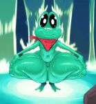  amphibian anthro bandage big_butt black_eyes butt crouching frog genitals green_body hi_res huge_butt huge_thighs kerchief looking_at_viewer male microballs micropenis nude penis pupils slightly_chubby small_penis smile solo sqoon thick_thighs wet wet_body white_pupils 