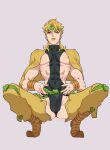  1boy abs black_nails blonde_hair bracelet bulge closed_mouth crotchless crotchless_pants cum cum_on_body cum_on_boy cum_on_clothes dio_brando earrings erection erection_under_clothes fangs fingernails green_lips headband heart highres honlo jacket jewelry jojo_no_kimyou_na_bouken long_hair long_sleeves looking_at_viewer male_focus muscular muscular_male nipples pants pectorals penis pointy_footwear red_eyes revealing_clothes sharp_fingernails shoes simple_background solo spread_legs squatting yellow_jacket yellow_pants 
