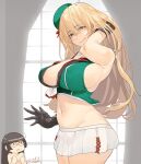  2girls atago_(kancolle) black_gloves blonde_hair blue_eyes breast_envy breasts choukai_(kancolle) choukai_(kancolle)_(cosplay) choukai_kai_ni_(kancolle) choukai_kai_ni_(kancolle)_(cosplay) commentary_request cosplay fuwafuwatoufu gloves green_shirt highres kantai_collection large_breasts long_hair midriff multiple_girls nude one-hour_drawing_challenge pleated_skirt shirt skirt sleeveless sleeveless_shirt solo_focus standing white_skirt window 