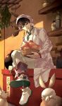  1boy bandana basket boots brown_eyes brown_hair coat crossed_legs full_body hair_between_eyes hair_ornament hakutaku_(hoozuki_no_reitetsu) high_collar highres holding holding_basket hoozuki_no_reitetsu kagachakichi male_focus open_mouth pants pants_rolled_up rabbit shelf shirt short_hair sitting smile solo string string_of_fate tassel tassel_hair_ornament teeth upper_teeth white_bandana white_coat white_footwear white_headwear white_pants white_shirt 