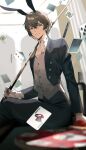  animal_ears bad_source brown_eyes brown_hair card casino casino_card_table formal gambling highres male_focus original playing_card rabbit_boy rabbit_ears suit table 