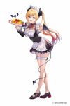  1girl 2016 :d apron asymmetrical_bangs bangs black_corset black_footwear black_horns blonde_hair blue_eyes bow bowtie breasts cherry_tomato cleavage copyright corset demon_tail dress food frilled_dress frills full_body gradient_hair haru_(hiyori-kohal) highres holding holding_plate hololive horns large_breasts looking_at_viewer maid maid_apron maid_headdress multicolored_hair omurice open_mouth orange_hair plate platform_footwear platform_heels pointy_ears red_bow red_bowtie red_footwear smile solo standing tachi-e tail tomato two-tone_footwear virtual_youtuber yuzuki_choco 