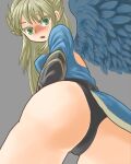  1girl ass black_panties blonde_hair blue_dress blush breasts breath_of_fire breath_of_fire_ii dress feathered_wings green_eyes long_hair looking_at_viewer nina_(breath_of_fire_ii) open_mouth panties sicky_(pit-bull) simple_background solo sweatdrop underwear wings 