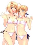  2girls ahoge arcueid_brunestud artoria_pendragon_(fate) blonde_hair breasts cleavage fate/stay_night fate_(series) green_eyes hair_ribbon looking_at_viewer multiple_girls navel open_mouth ribbon saber simple_background smile swimsuit tsukihime tsurui waving white_background 