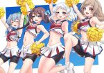  4girls absurdres arm_up armpits arms_up asagumo_(kancolle) bike_shorts_under_skirt black_shorts blue_eyes blush braid brown_hair cheering cheerleader closed_eyes grey_eyes grey_hair highres holding holding_pom_poms kantai_collection light_brown_hair long_hair makura_(y_makura) minegumo_(kancolle) multiple_girls natsugumo_(kancolle) navel open_mouth pom_pom_(cheerleading) red_eyes shoes shorts skirt smile twin_braids twintails white_footwear white_hair yamagumo_(kancolle) 