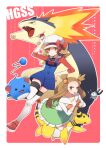  2girls ampharos brown_hair holding jasmine_(pokemon) long_hair lyra_(pokemon) magnemite marill multiple_girls open_mouth poke_ball pokemon pokemon_(game) pokemon_hgss smile typhlosion 