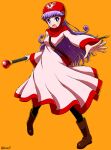  1girl breasts curly_hair dragon_quest dragon_quest_ii dress full_body hood long_hair looking_at_viewer open_mouth princess princess_of_moonbrook purple_eyes purple_hair robe shirono simple_background solo staff weapon 