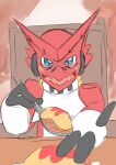  anthro bandai_namco blue_eyes blush cutlery digimon digimon_(species) feeding_viewer food headphones hi_res kitchen_utensils looking_at_viewer male omelette omelette_rice rice shoutmon spoon tools zunaha 