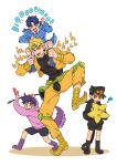  ! !! 4boys =3 ? absurdres aged_down animal_ears animal_hands annoyed battle_tendency black_hair black_shorts blonde_hair blue_eyes blue_hair carrying commentary_request crotchless crotchless_pants dio_brando dog_ears dog_paws dog_tail earrings fangs full_body grandfather_and_grandson green_lips hammer hat headband heart highres holding honlo hood hoodie jacket jewelry jojo_no_kimyou_na_bouken jonathan_joestar joseph_joestar kujo_jotaro long_hair long_sleeves looking_at_another male_focus multiple_boys muscular muscular_male open_mouth pants phantom_blood pointy_footwear short_hair shorts shoulder_carry stardust_crusaders tail time_paradox yellow_jacket yellow_pants 